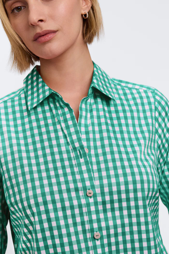 FOXCROFT GINHAM STRETCH MATTE SATEEN 3/4 SLEEVE TOP