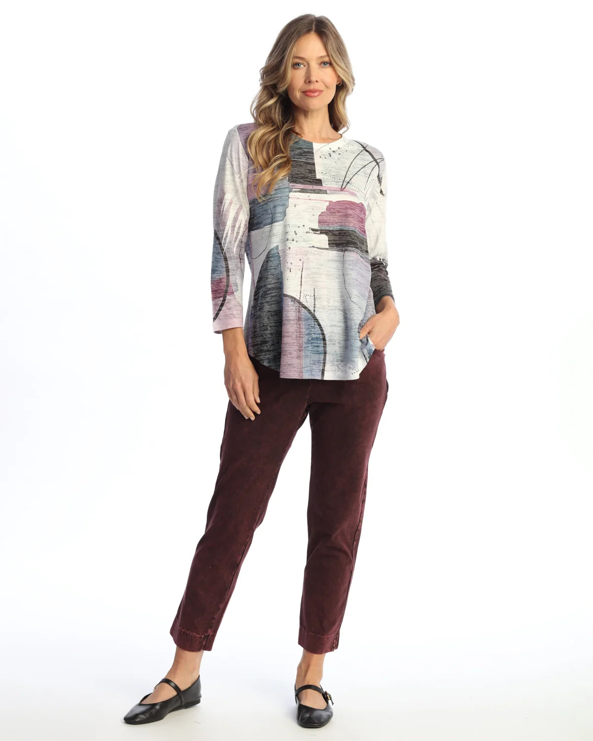 JESS & JANE BURNOUT 3/4 SLEEVE TUNIC TOP WITH ROUND HEM