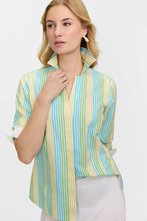 FOXCROFT NO IRON PINPOINT OMBRE STRIPE 3/4 SLEEVE TOP