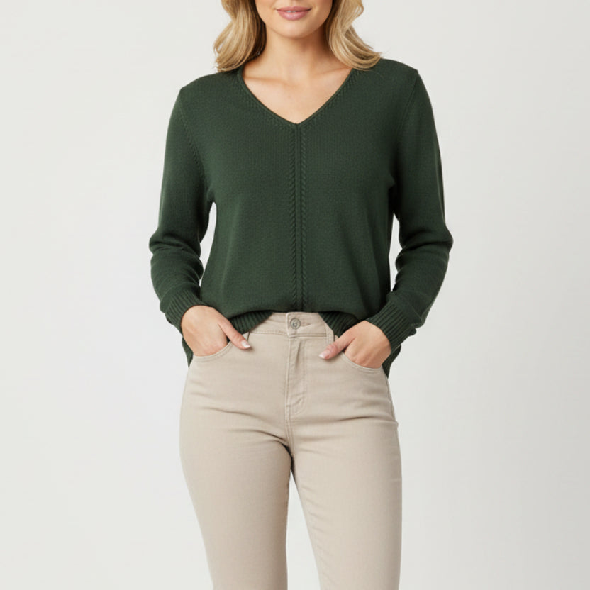 LU LU B 100% COTTON OLIVE V NECK SWEATER