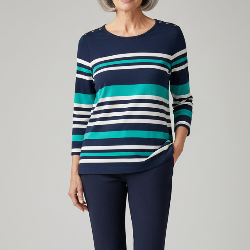 LINKS BLUE/TEAL/CREAM STRIPE THREE QUARTER SLEEVE TOP