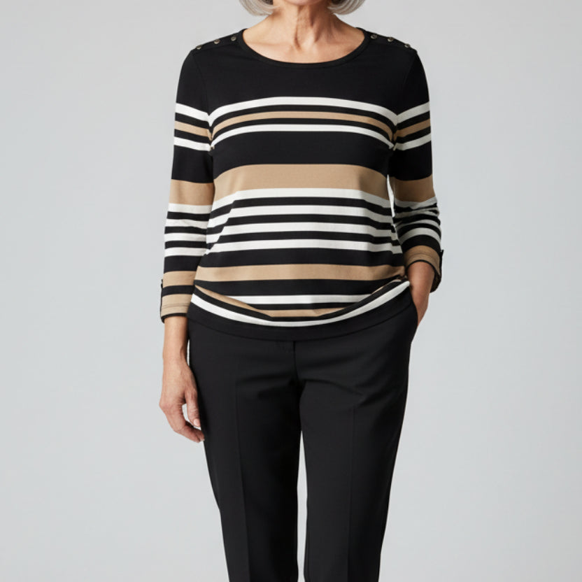 LINKS BLACK/WHITE/KHAKI STRIP THREE QUARTER SLEEVE TOP