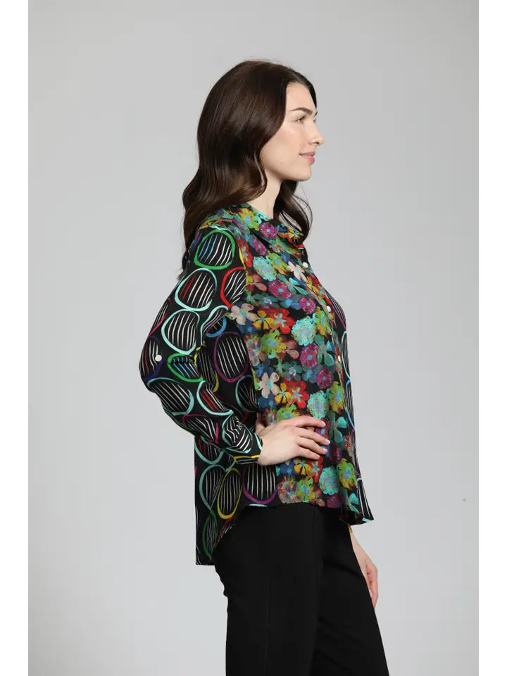 APNY COLORFUL PATCHWORK FLORAL & CIRCLES BUTTON UP