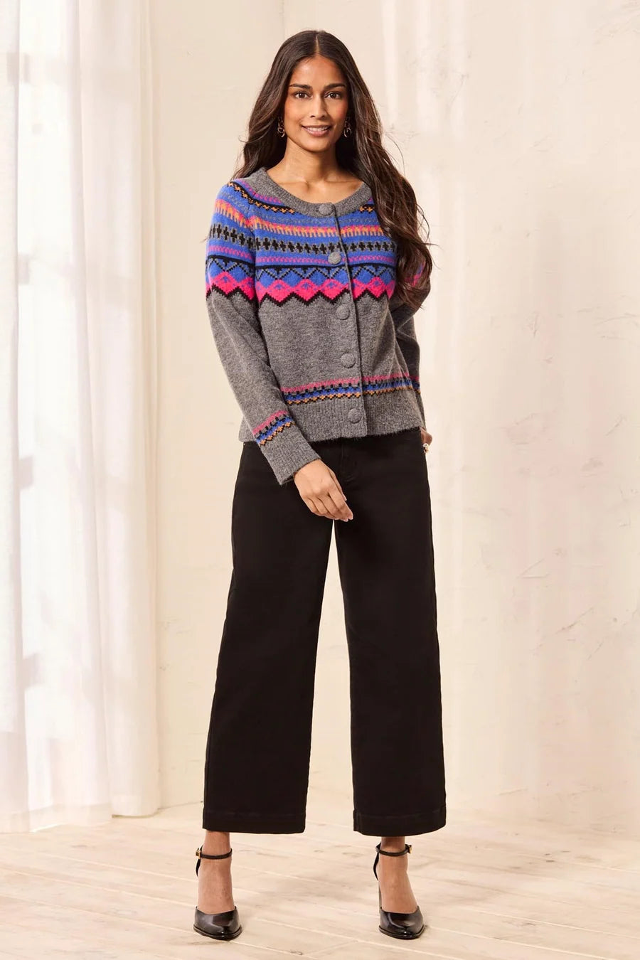 TRIBAL FAIR ISLE BUTTON FRONT SWEATER