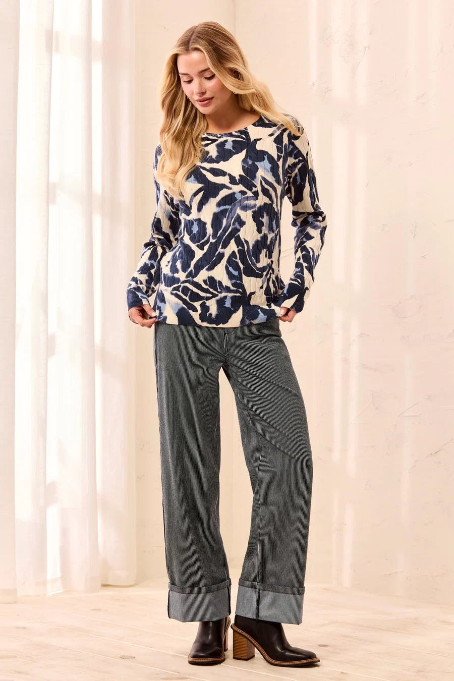TRIBAL PRINTED CABLE COTTON CREW NECK SWEATER