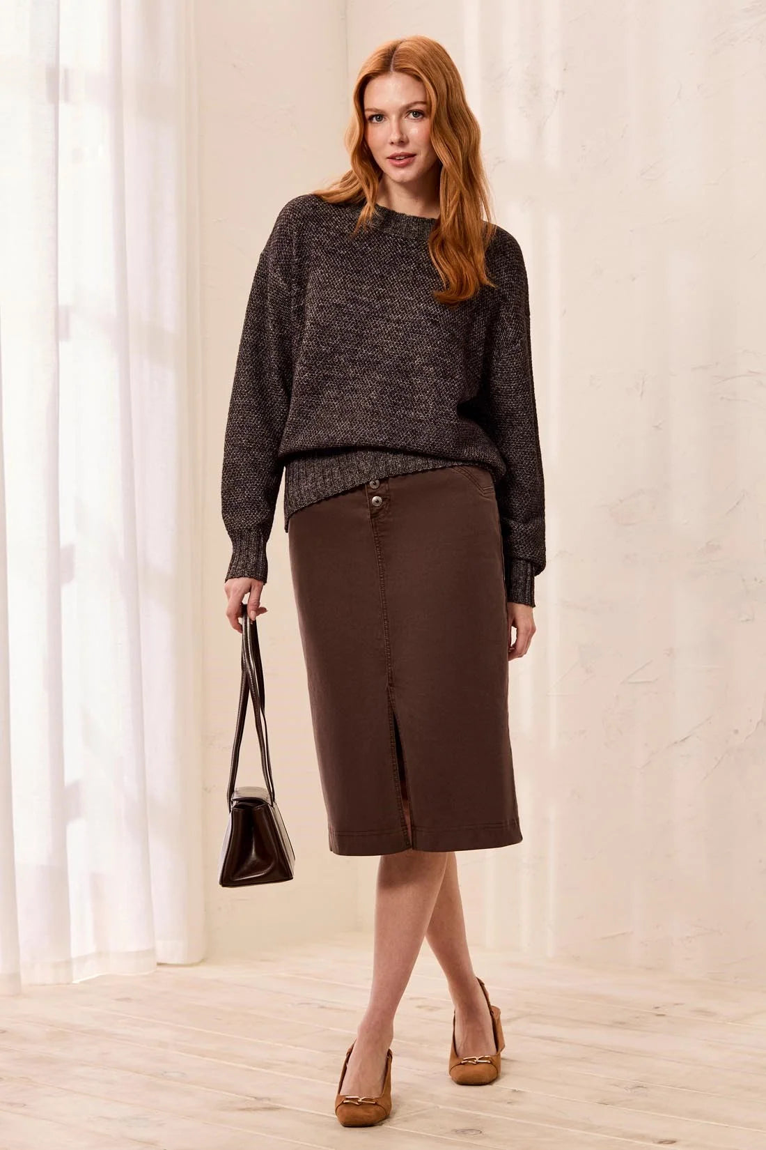 TRIBAL TEXTURED CREW NECK HIGH LOW SWEATER