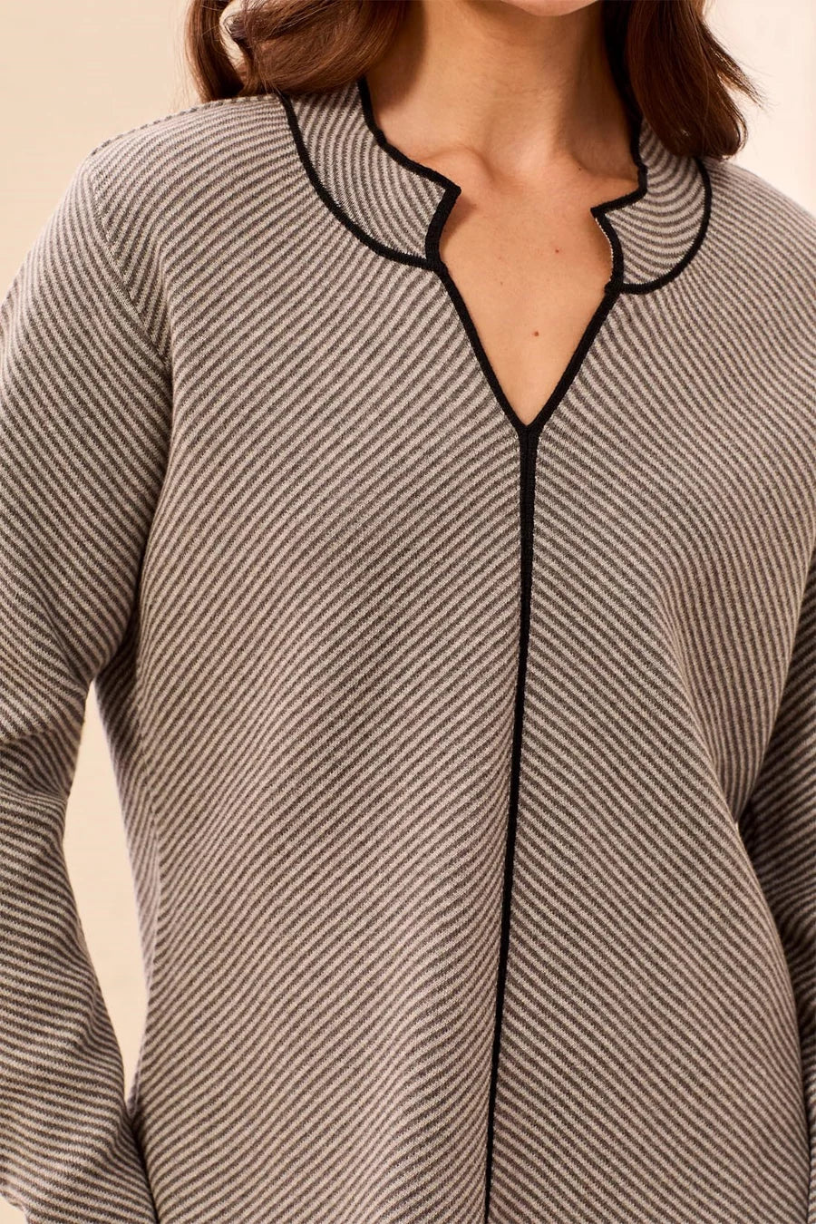 TRIBAL TEXTURED DIAGONAL STRIPE SPLIT NECK SWEATER