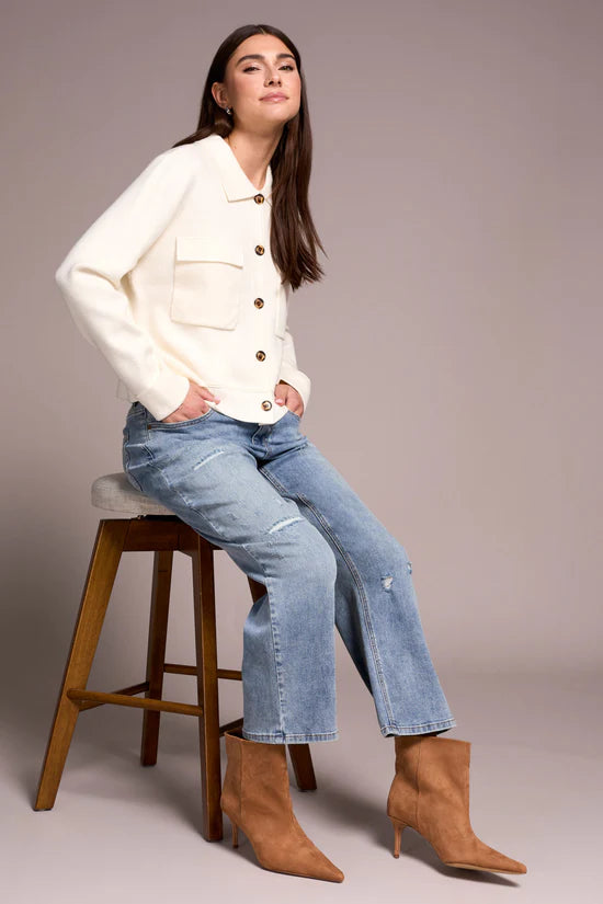 TRIBAL DOUBLE KNIT COLLARED SWEATER IN MOONSTONE