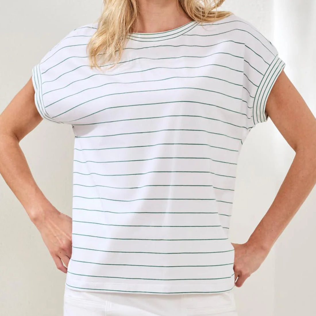 TRIBAL STRIPE JERSEY CAP SLEEVE CREW