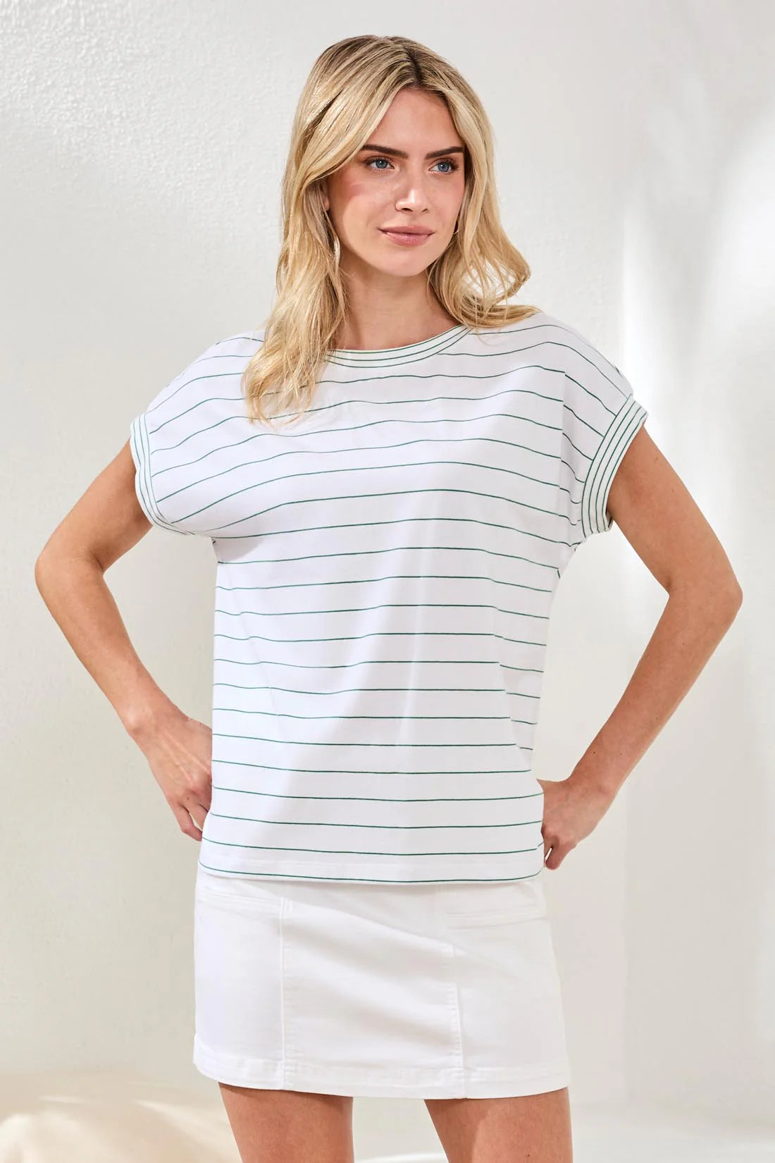 TRIBAL STRIPE JERSEY CAP SLEEVE CREW