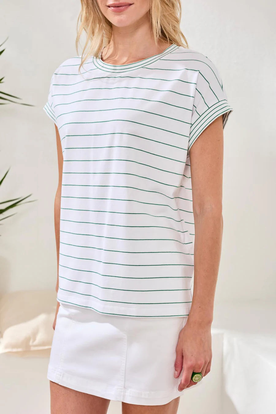 TRIBAL STRIPE JERSEY CAP SLEEVE CREW