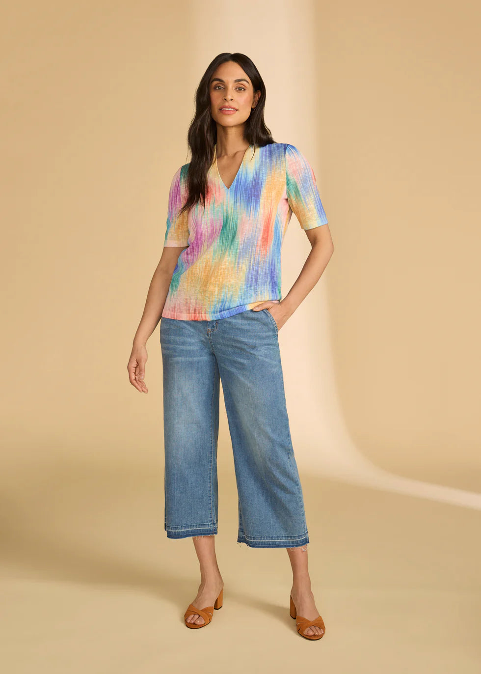 FDJ 3/4 SLEEVE V NECK TOP IN TROPICAL