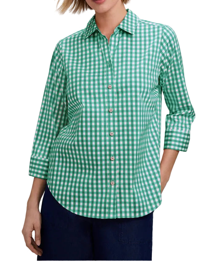 FOXCROFT GINHAM STRETCH MATTE SATEEN 3/4 SLEEVE TOP