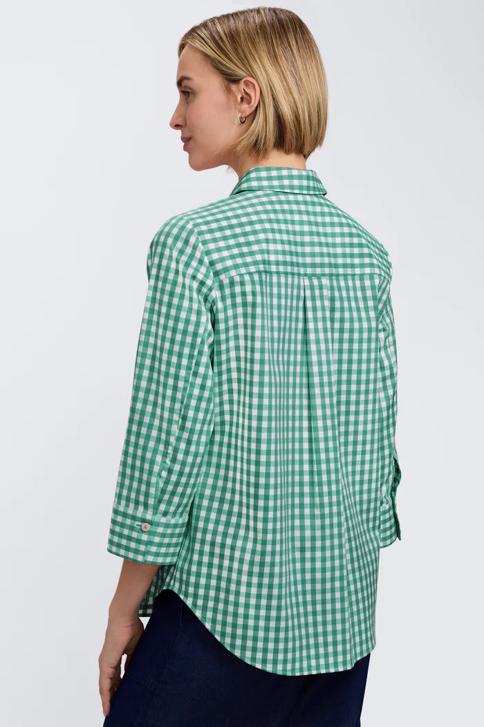 FOXCROFT GINHAM STRETCH MATTE SATEEN 3/4 SLEEVE TOP