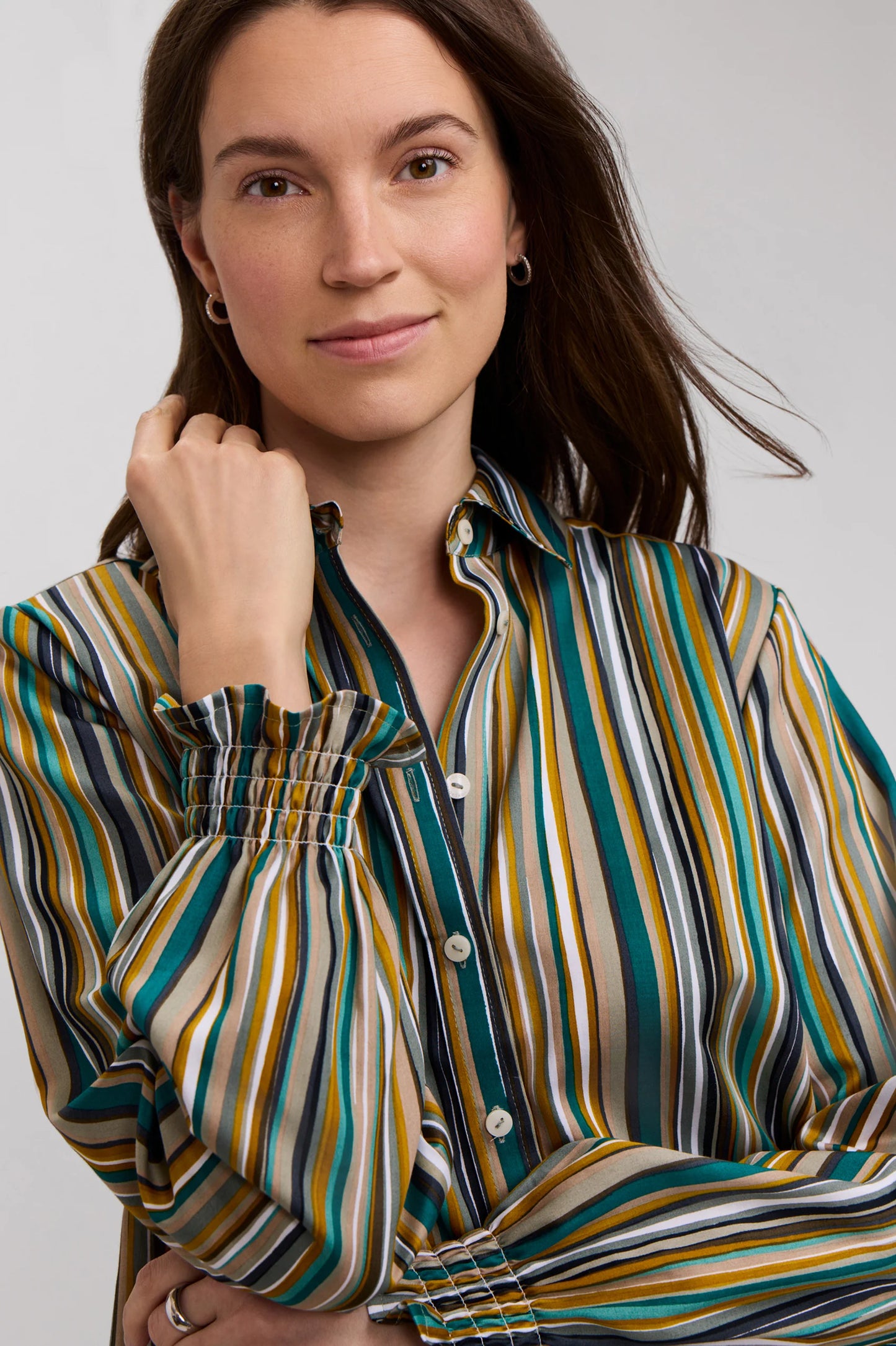 FOXCROFT VIVIENNE STRIPE LONG SLEEVE SHORT SHIRT