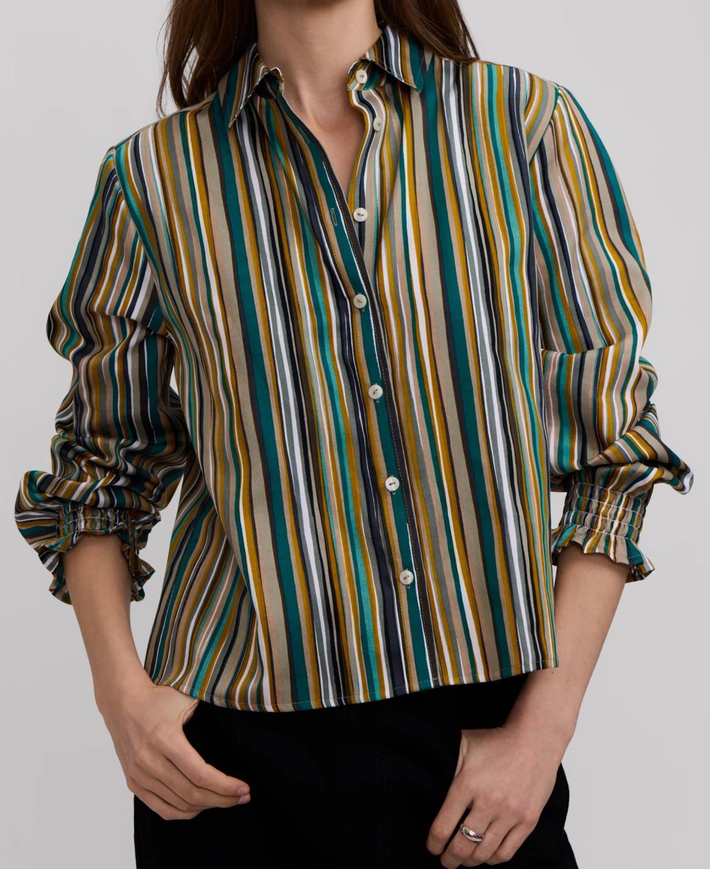 FOXCROFT VIVIENNE STRIPE LONG SLEEVE SHORT SHIRT