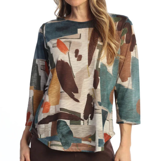 JESS & JANE ROUND HEM 3/4 SLEEVE SLUB  TOP