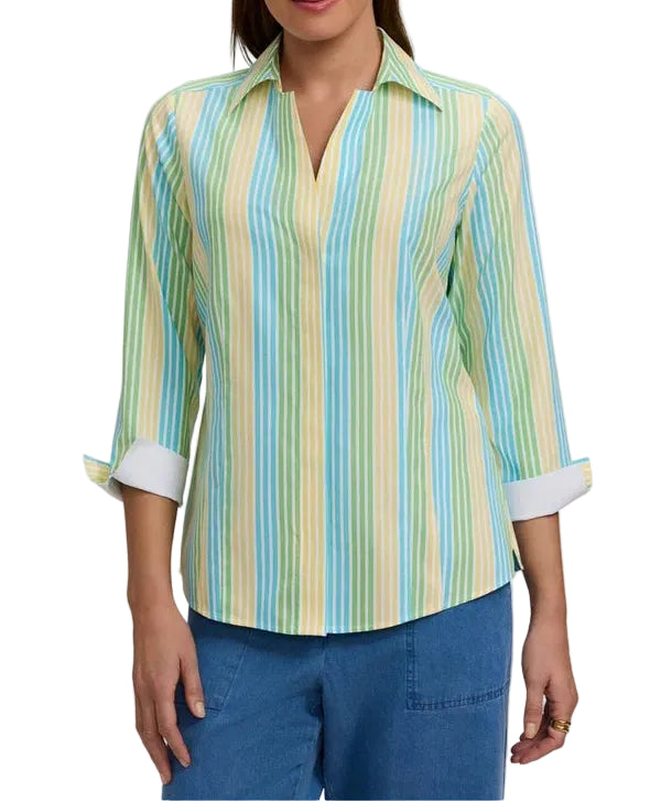 FOXCROFT NO IRON PINPOINT OMBRE STRIPE 3/4 SLEEVE TOP