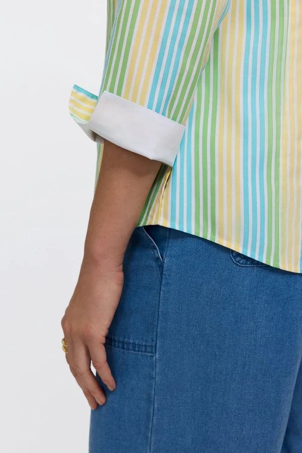 FOXCROFT NO IRON PINPOINT OMBRE STRIPE 3/4 SLEEVE TOP