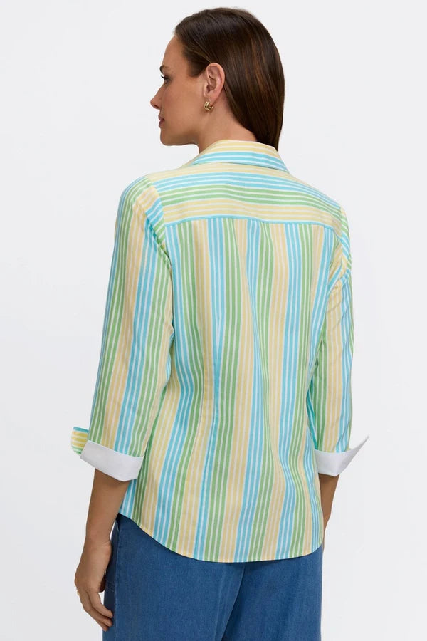 FOXCROFT NO IRON PINPOINT OMBRE STRIPE 3/4 SLEEVE TOP