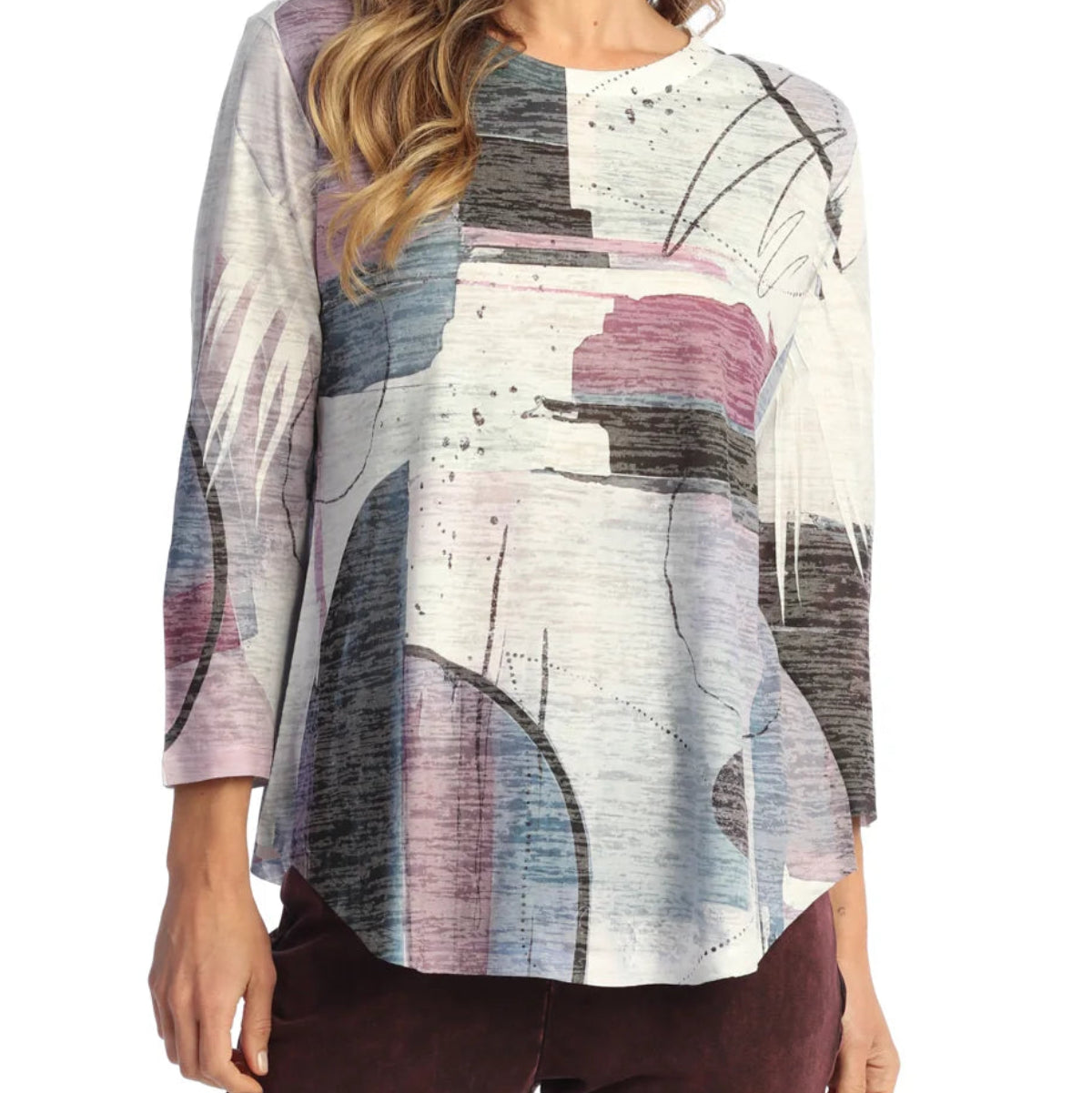JESS & JANE BURNOUT 3/4 SLEEVE TUNIC TOP WITH ROUND HEM