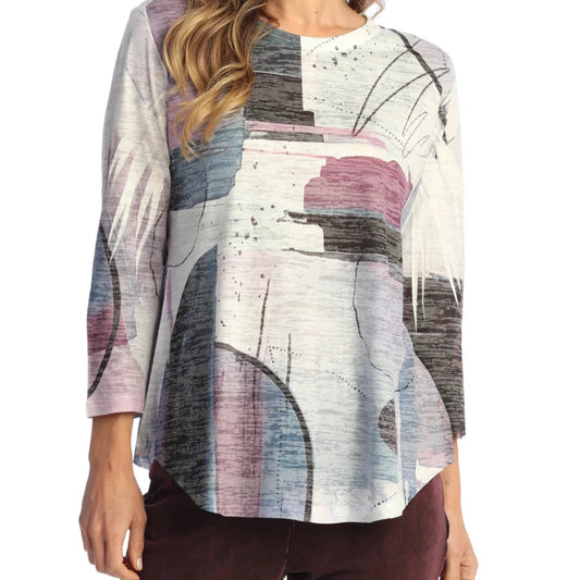 JESS & JANE BURNOUT 3/4 SLEEVE TUNIC TOP WITH ROUND HEM