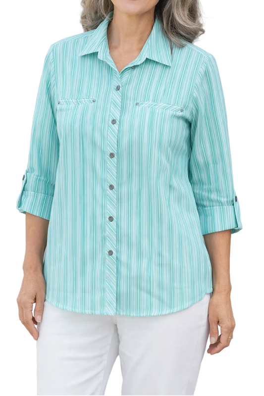 SOUTHERN LADY 3/4 SLEEVE JADE/WHITE STRIPED BUTTON UP TOP