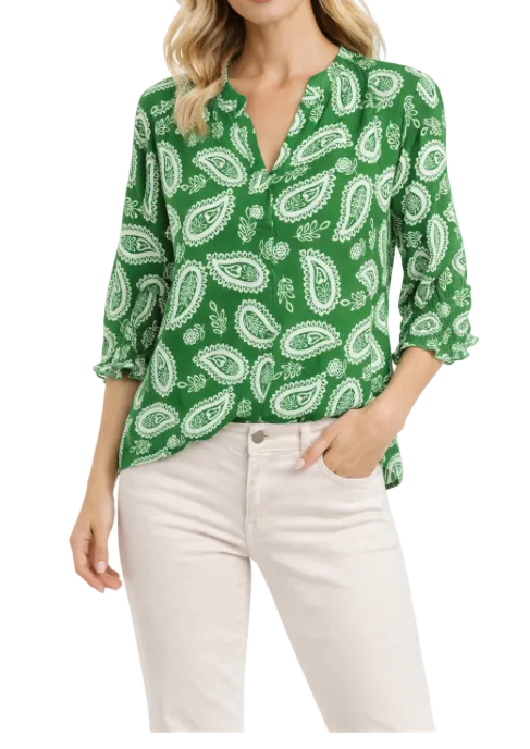 DEAR SCARLETT GREEN/CREAM PAISLEY PRINT TOP