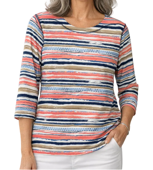 LINKS THREE QUARTER SLEEVE TOP IN BLUE, TAN & CORAL