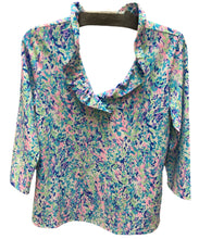 Load image into Gallery viewer, LU LU B THREE QUARTER SLEEVE RUFFLE COLLAR  BLUE/PINK/WHITE PRINT
