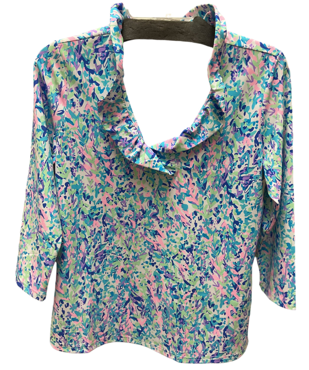 LU LU B THREE QUARTER SLEEVE RUFFLE COLLAR  BLUE/PINK/WHITE PRINT