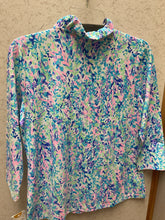 Load image into Gallery viewer, LU LU B THREE QUARTER SLEEVE RUFFLE COLLAR  BLUE/PINK/WHITE PRINT
