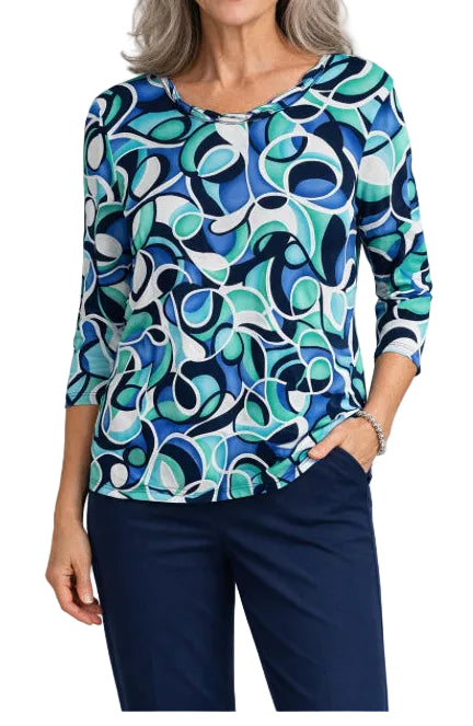 SOUTHERN LADY 3/4 SLEEVE TOP IN NAVY/TEAL/WHITE
