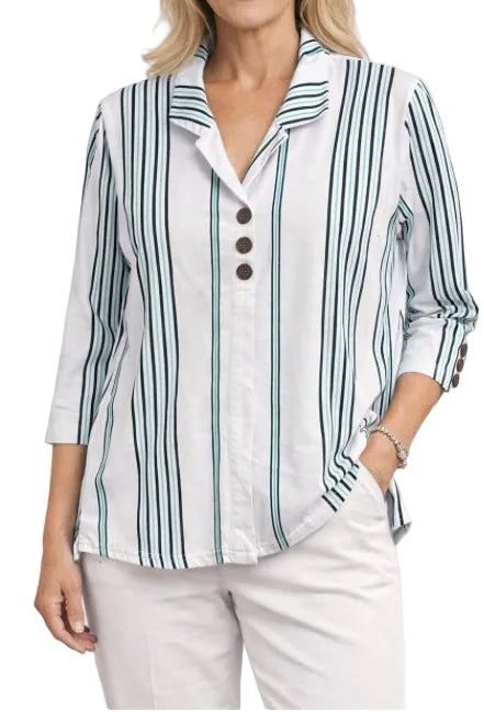WILD PALMS 3/4 SLEEVE BUTTON DOWN STRIPED TOP