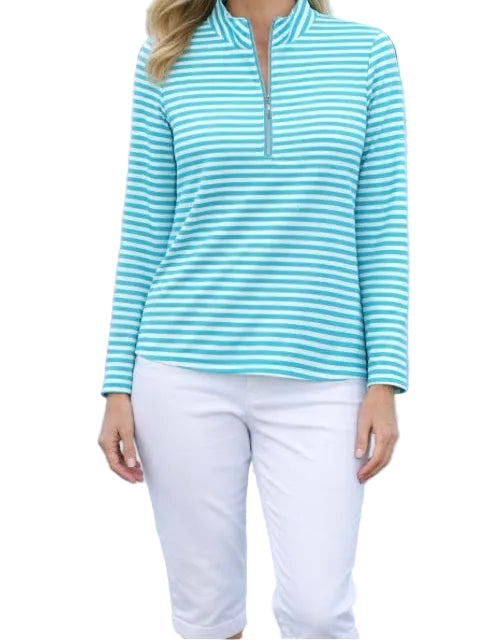 LU LU B TEAL/WHITE STRIPE QUARTER ZIP