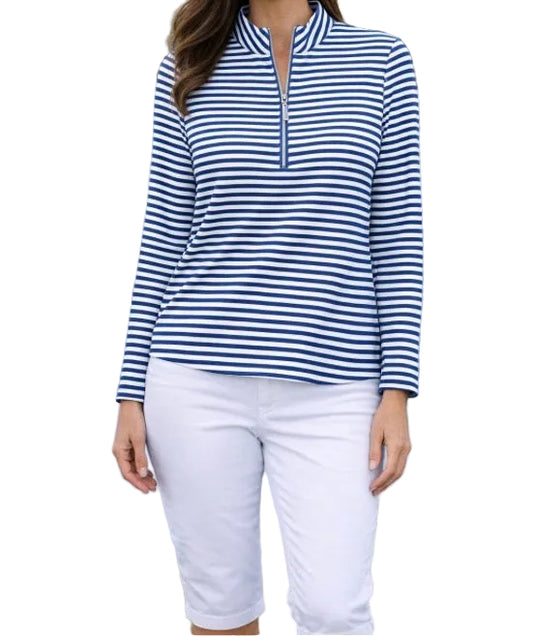 LU LU B BLUE/WHITE STRIPE QUARTER ZIP TOP