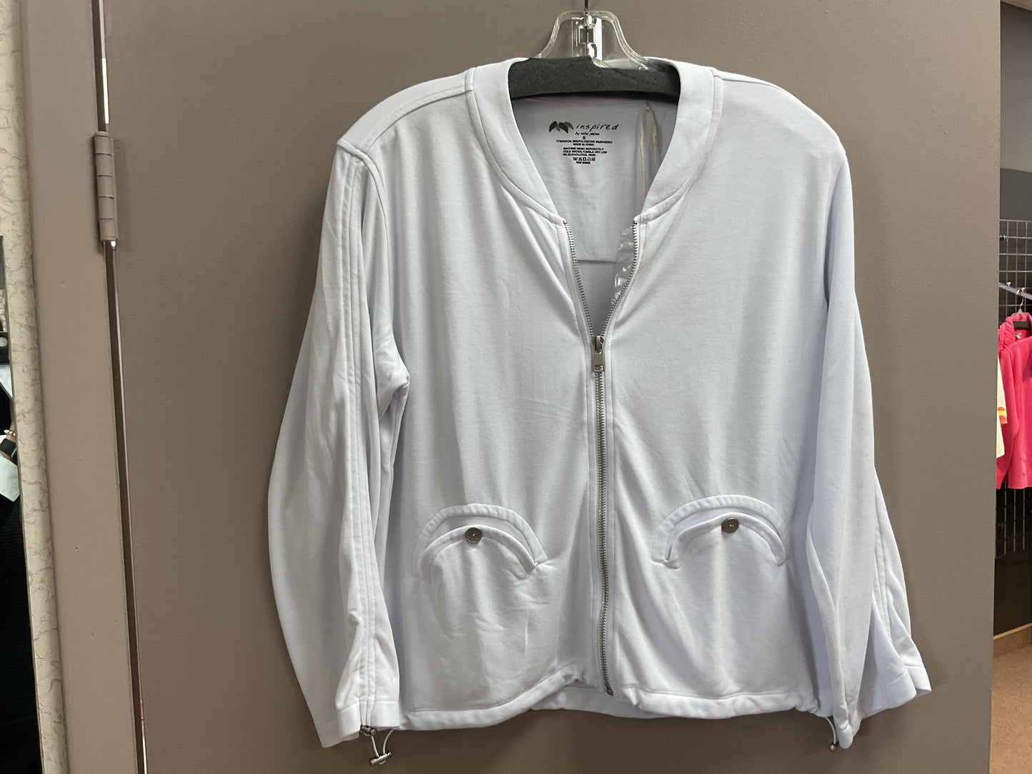 INSPIRED BY WILD PALMS WHITE BRACELET SLEEVE ZIP UP CARDIGAN