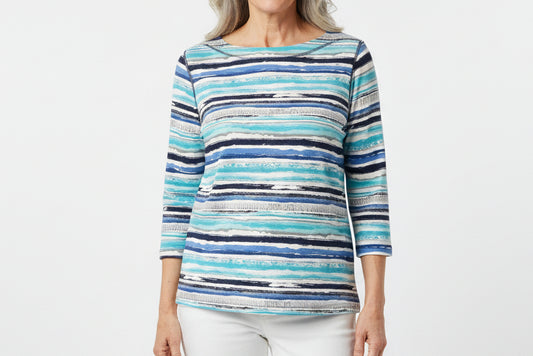 LINKS AQUABLUE/GRAY/WHITE THREE QUARTER SLEEVE TOP