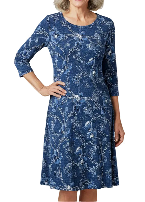 SOUTHERN LADY DENIM BLUE FLORAL PRINT DRESS