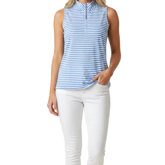 LU LU B SLEEVELESS PERIWINKLE/WHITE STRIPE QUARTER ZIP