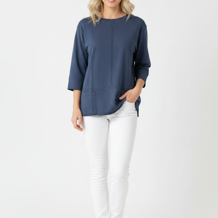 WILD PALMS THREE QUARTER SLEEVE NAVY COTTON TOP
