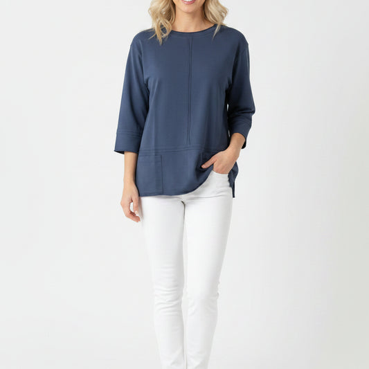 WILD PALMS THREE QUARTER SLEEVE NAVY COTTON TOP