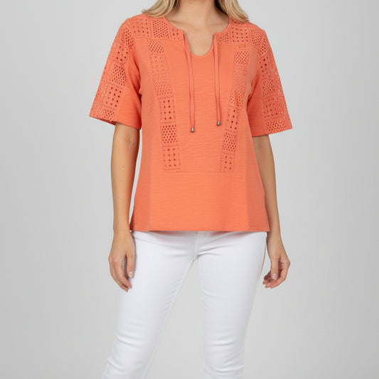 WILD PALMS SLUB FRENCH TERRY ELBOW SLEEVE MESH TOP