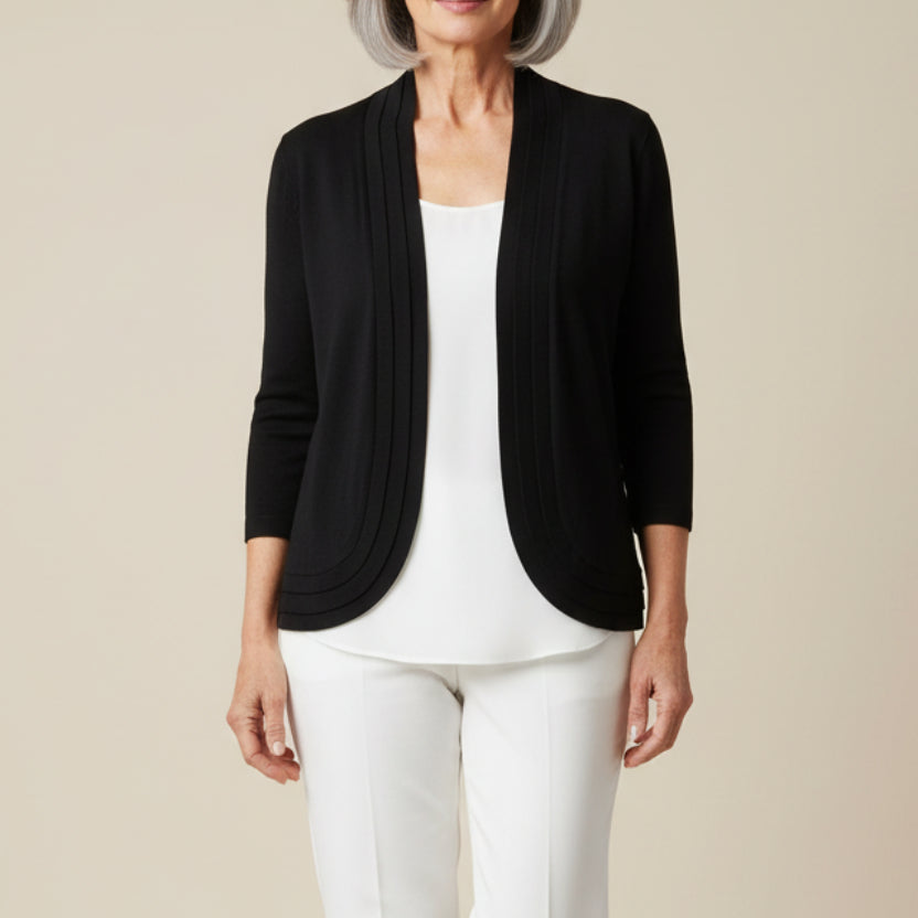 N TOUCH BLACK THREE QUARTER SLEEVE FINE GAUGE SWEATER CARDIGAN