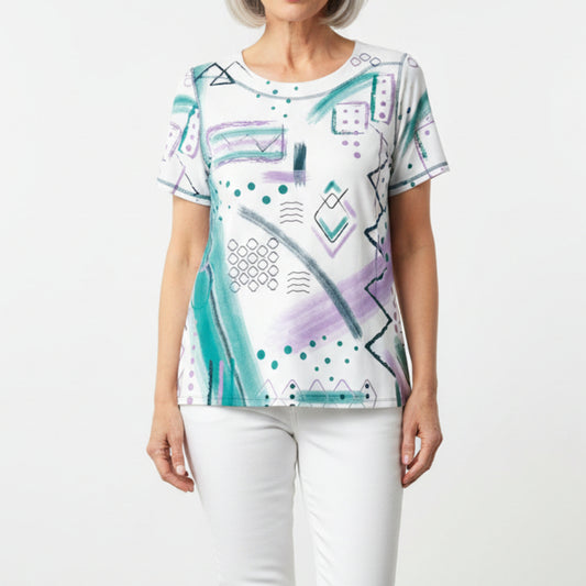 SOUTHERN LADY WHITE/TEAL/LAVENDER SHORT SLEEVE TOP