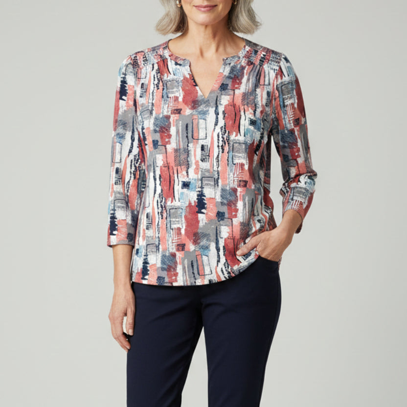 N TOUCH NAVY/SALMON/GRAY PRINT TOP