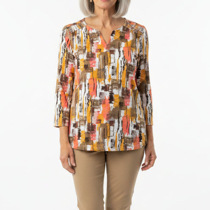 N TOUCH MARIGOLD/BROWN/TAN PRINT TOP