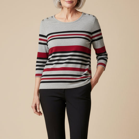 LINKS WINE/GRAY/BLACK STRIPED THREE QUARTER SLEEVE TOP