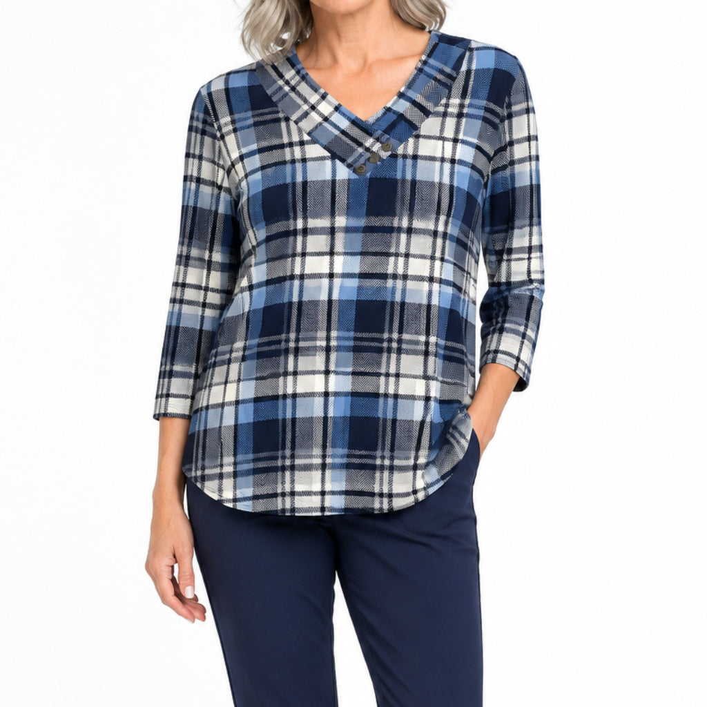 LINKS NAVY PRINT THREE QUARTER SLEEVE TOP