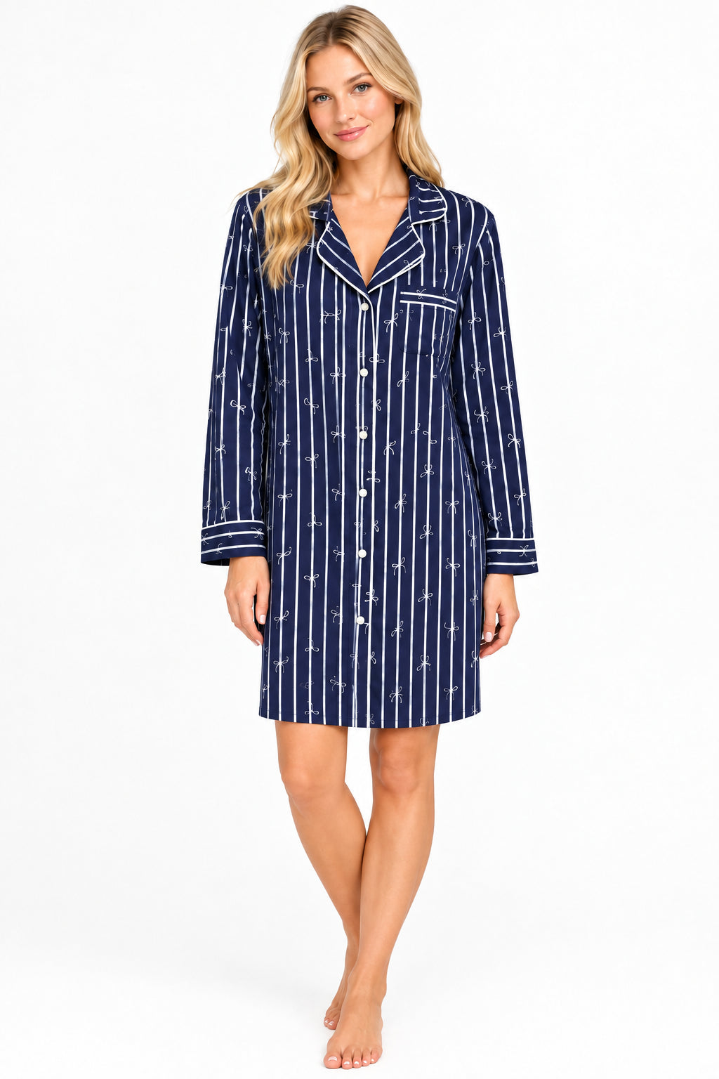 WILD PALMS FRENCH TERRY BOW DETAIL STRIPE NIGHT SHIRT